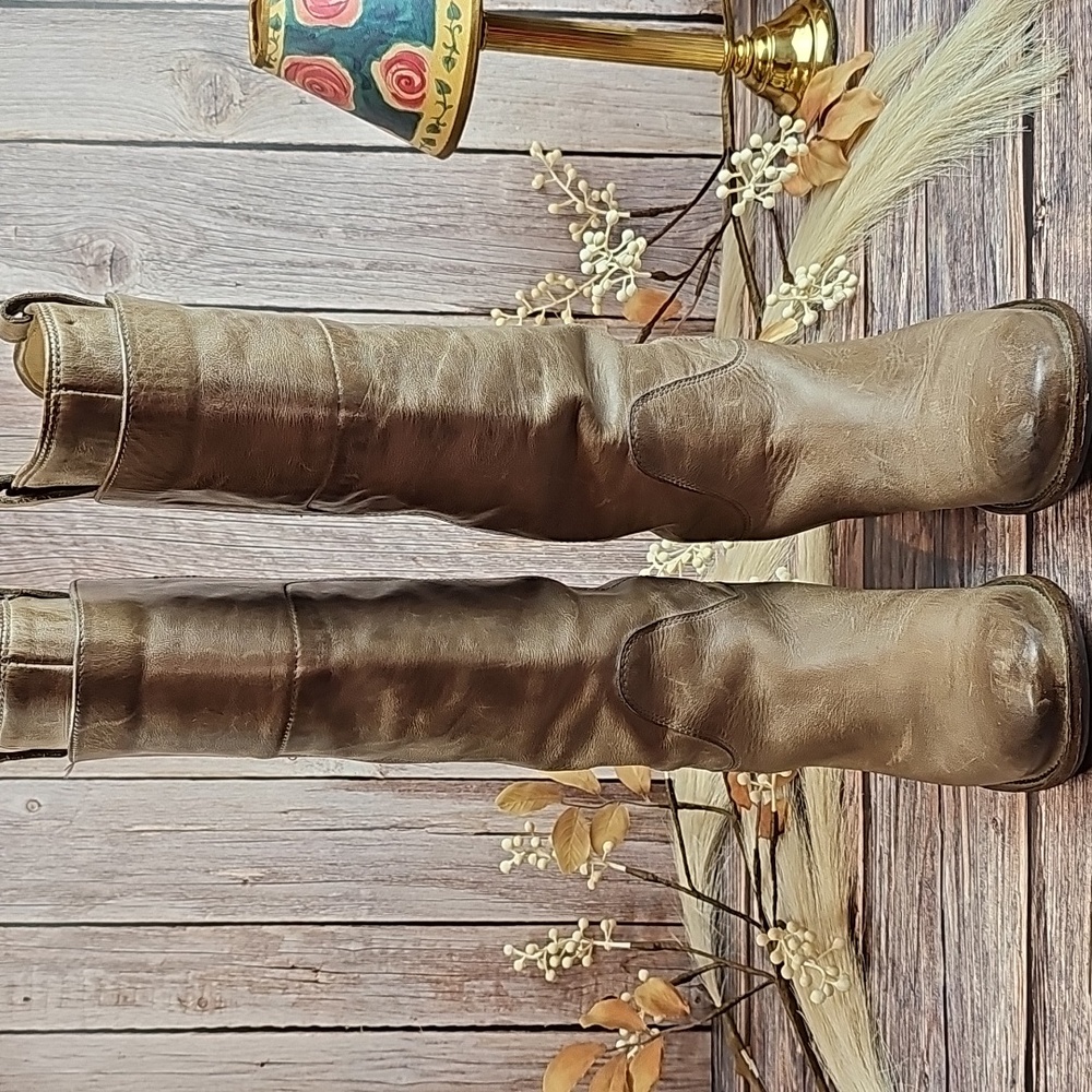 FRYE PAIGE TAUPE LEATHER TALL RIDING BOOTS - Picture 2 of 15